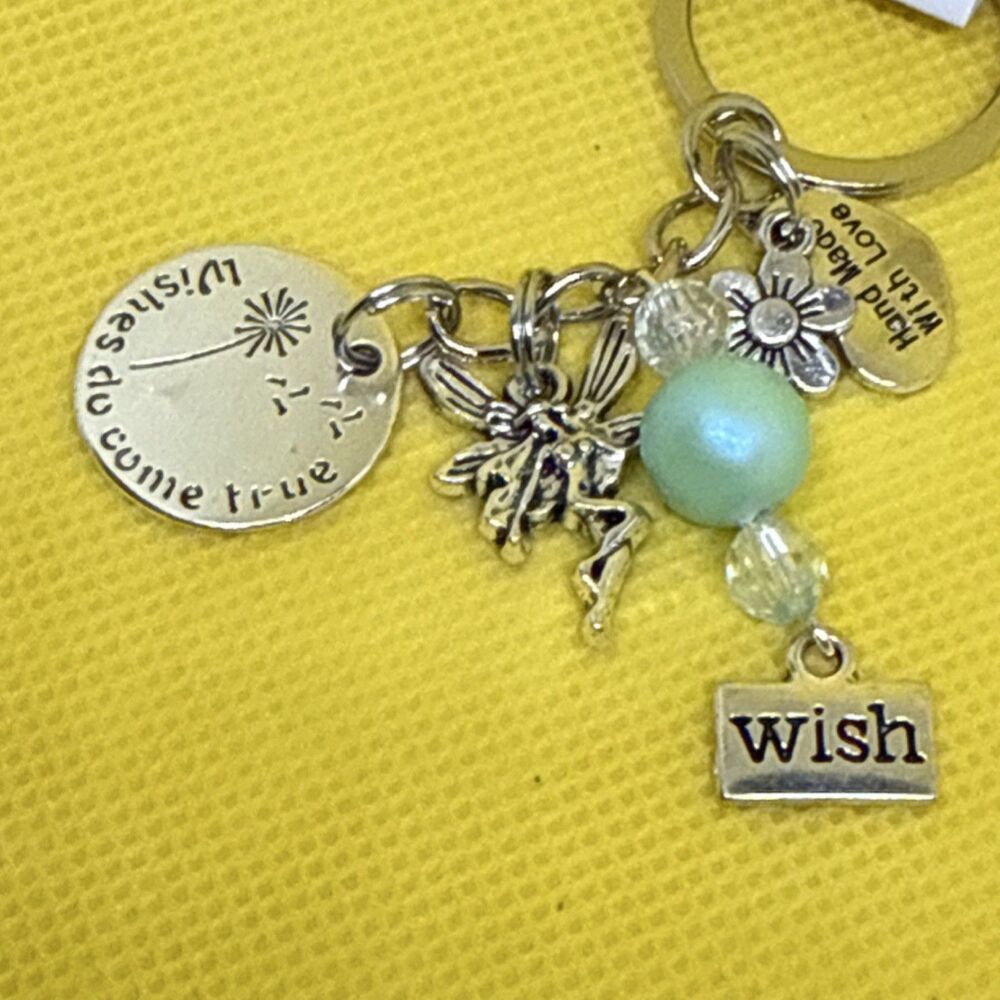 Handmade Fairy Wish Flower Beaded Charm Key Chain Silver Aqua for Women